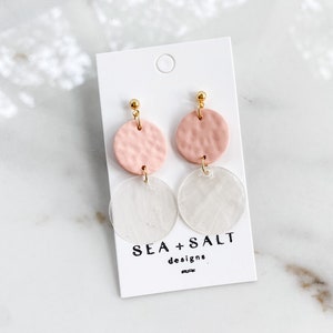 CLAY EARRINGS ~ Peach & Shell Mother of Pearl Dangle ~ Hypoallergenic ~ Nickel Free ~ Lightweight