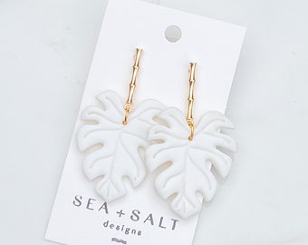 CLAY EARRINGS, Large White Monstera Dangles, Gift for Her, Statement Earrings, Hypoallergenic, Lightweight