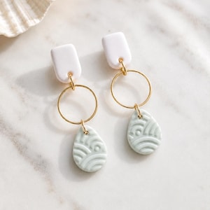 CLAY EARRINGS, White & Aqua Small Circle Teardrop Dangles, Handmade, Unique Gift, Bridesmaids, Gift for Her, Jewelry, Hypoallergenic
