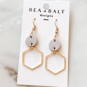 CLAY EARRINGS~ Small Tan & Gold Hexagon Dangles •hypoallergenic• lightweight