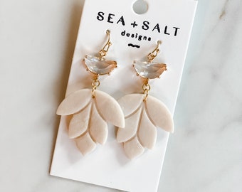 CLAY EARRINGS, Creamy Neutral Lotus Flower Dangles, Wedding, Bridesmaid, Handmade, Unique Jewelry,  Hypoallergenic, Lightweight