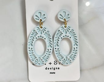 Seafoam Blue Coastal Earrings, Eyelet Statement Dangles, Polymer Clay Earrings