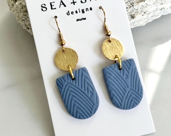 CLAY EARRINGS, Medium Dusty Blue Gold  Dangles, Bridesmaid Earrings, Statement, Unique Gift, Handmade Jewelry, Hypoallergenic, Lightweight