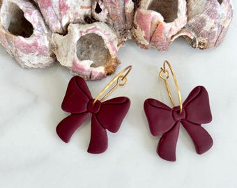 Handmade Burgundy Polymer Clay Bow Hoop Earrings, Hypoallergenic