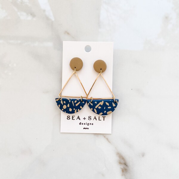 CLAY EARRINGS~ Navy & Tan Confetti Triangle half Circle Dangle