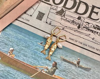Pearl Articulated Fish Earrings, Gold Coastal Earrings, Nautical Beach Jewelry, Fish Charm Dangle Earrings, Hypoallergenic Gift