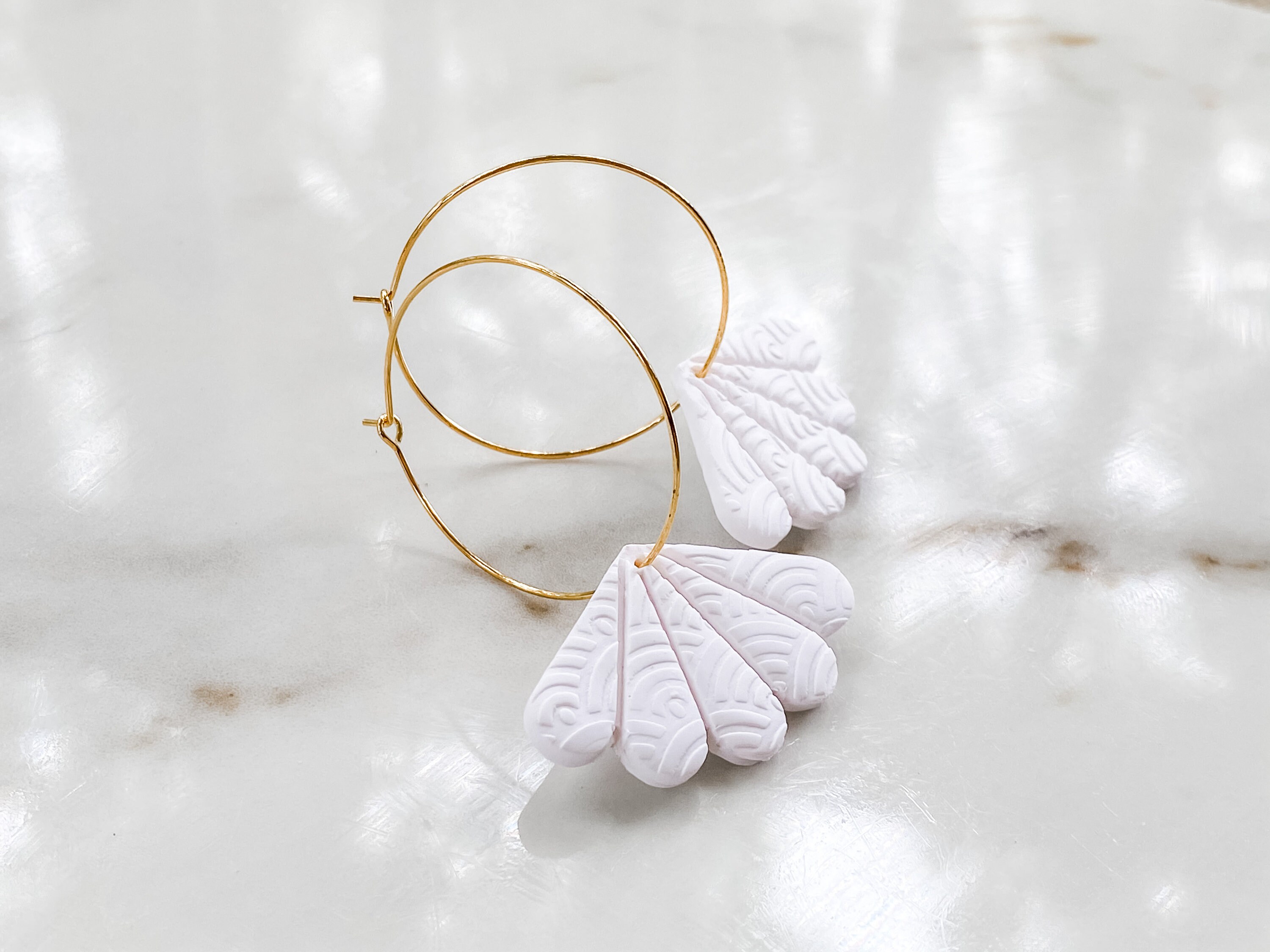 CLAY EARRINGS, White Scalloped Hoops, Unique Gift, Statement Jewelry, Birthday, Nickel Free, Hypoallergenic