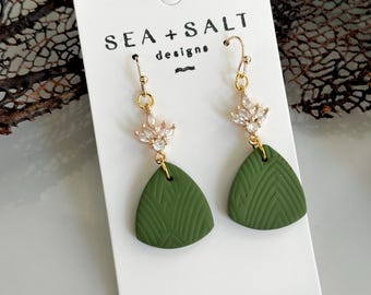 CLAY EARRINGS, Olive Green & CZ Medium Dangle, Bridesmaids Earrings, Hanndmade Jewelry, Gift for Her, Hypoallergenic, Lightweight