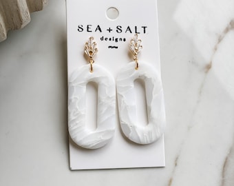 CLAY EARRINGS, White Oval Marble Clay Dangles, Wedding Statement Jewelry, Unique, Handmade, Hypoallergenic, Nickel Free, Lightweight