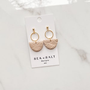 CLAY EARRINGS ~ Small Neutral Tan Crescent & Circle Dangles ~ Hypoallergenic ~ Nickel Free ~ Lightweight