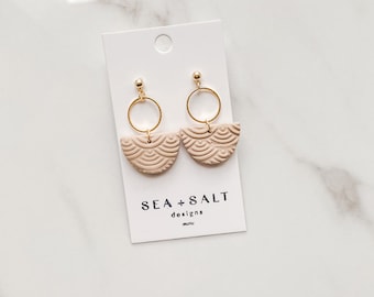 CLAY EARRINGS ~ Small Neutral Tan Crescent & Circle Dangles ~ Hypoallergenic ~ Nickel Free ~ Lightweight