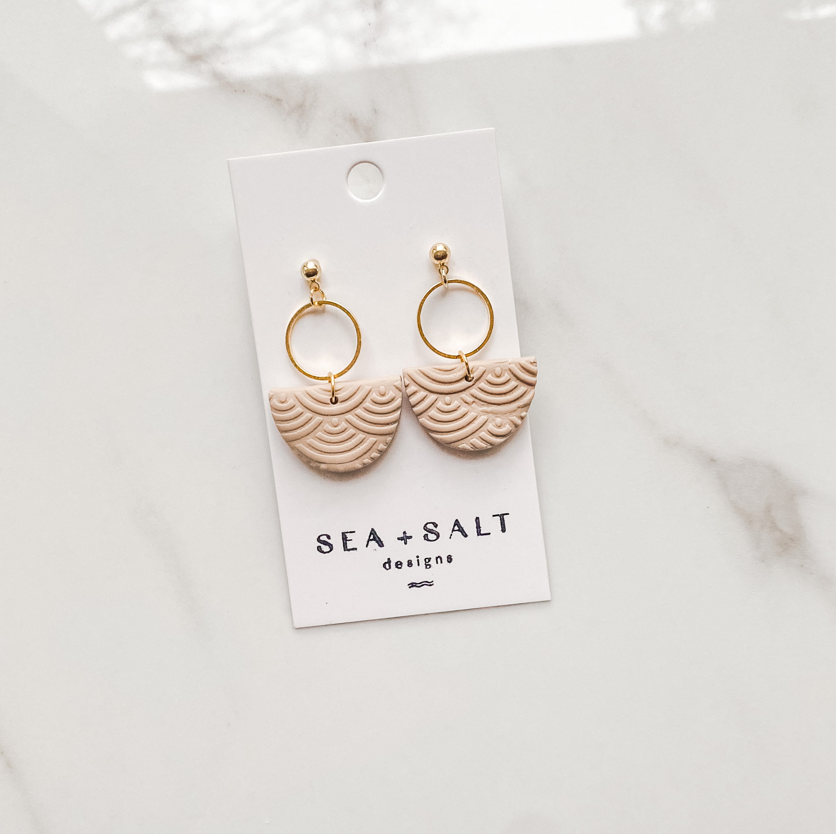 CLAY EARRINGS ~ Small Neutral Tan Crescent & Circle Dangles ~ Hypoall…
