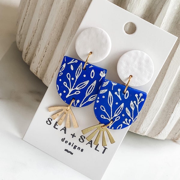 CLAY EARRINGS ~ SANTORINI Inspired ~ Blue White & Gold Dangles ~ Lightweight ~ Hypoallergenic ~ Nickel Free ~ Handmade ~ Statement Earrings