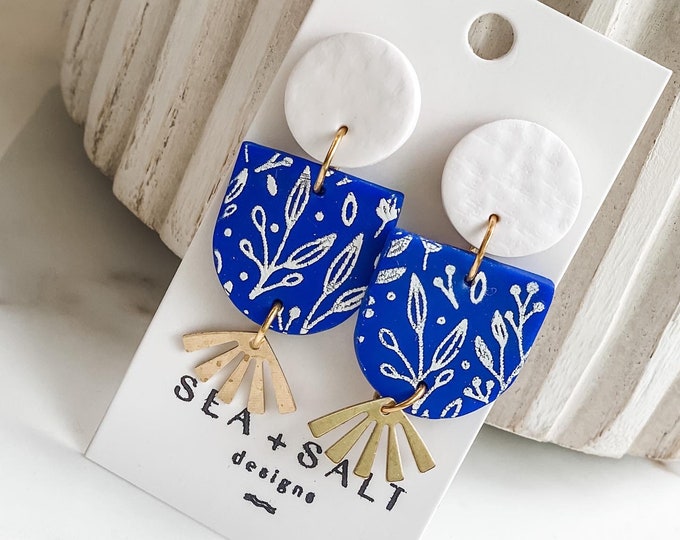 CLAY EARRINGS, SANTORINI, Blue White & Gold Statement Dangles, Unique Jewelry, Lightweight, Hypoallergenic,  Nickel Free, Handmade