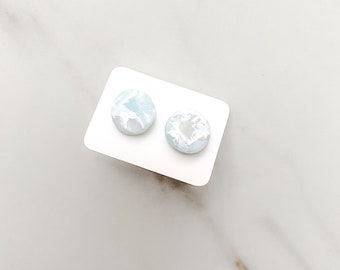CLAY EARRINGS, Marble Ocean Blue Round Studs, Handmade Earrings,  Hypoallergenic, Nickel Free
