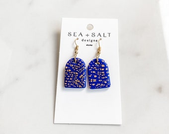 CLAY EARRINGS ~ Blue & Gold Dangles •hypoallergenic• lightweight