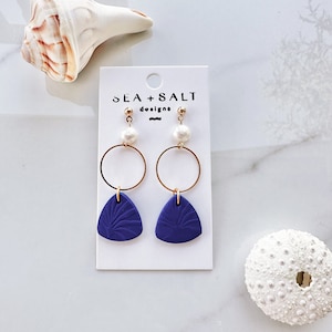 CLAY EARRINGS ~ Navy Blue & Pearl Dangle Earrings ~ hypoallergenic ~ Nickel Free