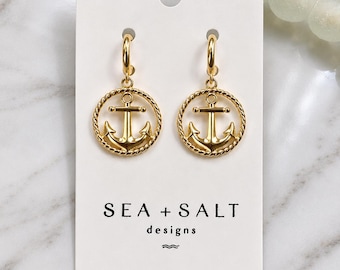 Gold Anchor Huggie Hoop Earrings, Nautical Earrings, Coastal Jewelry, Beach Wedding, Bridesmaid Gift, Lightweight Dangle Earrings
