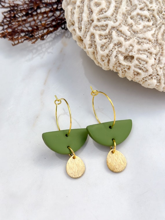 CLAY EARRINGS, Dainty Olive Green Gold Dangle Hoops, Unique Gift