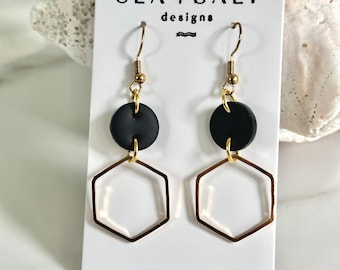 CLAY EARRINGS, Small Gold Hexagon Dangles, Dainty Jewelry, Birthday Gift, hypoallergenic, Lightweight, Everyday Jewelry, Minimal