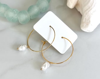 FRESHWATER PEARL EARRINGS, Dainty Gold Drop, Coastal Style, Lightweight, Hypoallergenic