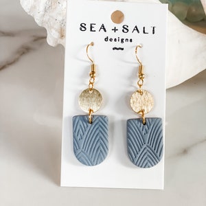 CLAY EARRINGS ~ Dusty Blue Gold  Dangles ~ Hypoallergenic ~ Nickel Free ~ Lightweight