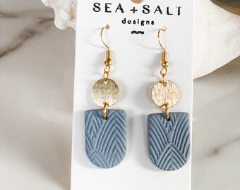 CLAY EARRINGS ~ Dusty Blue Gold  Dangles ~ Hypoallergenic ~ Nickel Free ~ Lightweight