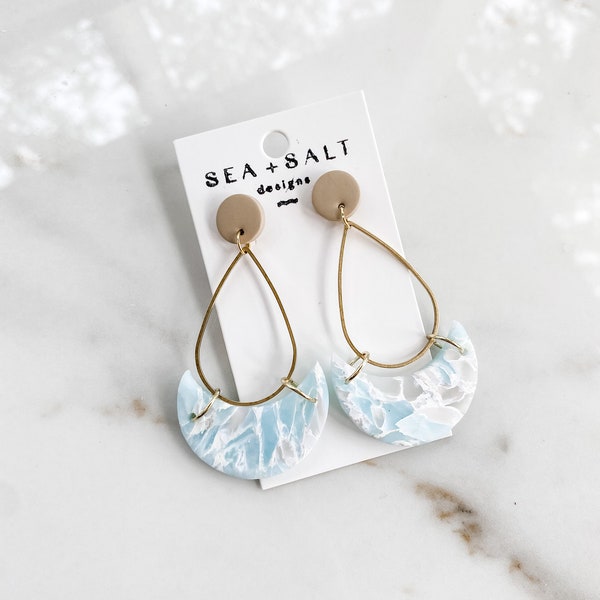 PENDIENTES DE ARCILLA, Grandes pendientes colgantes de media luna azul océano, Pendientes de dama de honor, Regalo hecho a mano, Pendientes llamativos, Hipoalergénicos, Ligeros