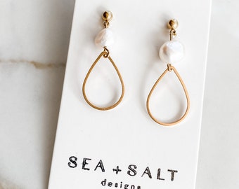 Teardrop & Pearl Gold Plated Dangle Earrings ~ Nickel Free ~ Hypoallergenic