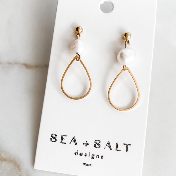 Teardrop & Pearl Gold Plated Dangle Earrings ~ Nickel Free ~ Hypoallergenic