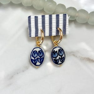 CERAMIC CHARM EARRINGS, Delft Blue Tulip Flower Dangle Hoop Earrings, Hypoallergenic