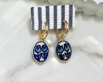 CERAMIC CHARM EARRINGS, Delft Blue Tulip Flower Dangle Hoop Earrings, Hypoallergenic