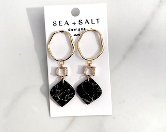 CLAY EARRINGS, Black White Marble Dangle Earrings, Lightweight, Hypoallergenic
