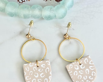 CLAY EARRINGS, White & Tan Leopard Painted Dangles, Animal Print, Statement Earrings, Gift for Her, Gameday,  Hypoallergenic, Lightweight
