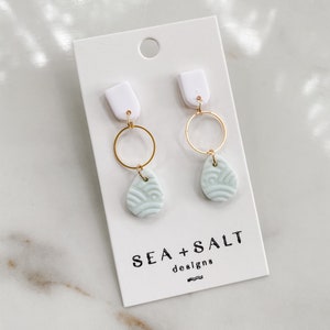 CLAY EARRINGS, White & Aqua Small Circle Teardrop Dangles, Handmade, Unique Gift, Bridesmaids, Gift for Her, Jewelry, Hypoallergenic