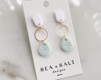 CLAY EARRINGS, White & Aqua Small Circle Teardrop Dangles, Handmade, Unique Gift, Bridesmaids, Gift for Her, Jewelry, Hypoallergenic