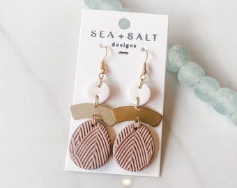 CLAY EARRINGS, Neutral & Gold Teardrop Dangles, Unique Gift, Handmade Earrings, Statement Earrings, Bridesmaids, Hypoallergenic, Lightweight