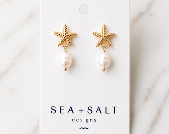 Gold Starfish Pearl Dangle Earrings, Coastal Vacation Jewelry, Beach Wedding Bridesmaids