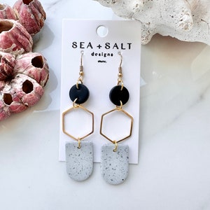 CLAY EARRINGS~ Gold, Black & Gray Speckled Dangles •hypoallergenic• lightweight