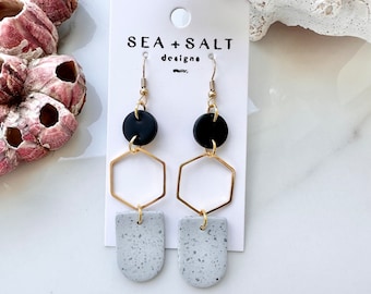 CLAY EARRINGS, Gold, Black & Gray Speckled Dangles, Statement Jewelry, Unique Gift, hypoallergenic, lightweight