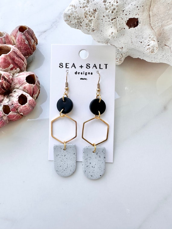 CLAY EARRINGS Gold Black Gray Speckled Dangles hypoallergenic