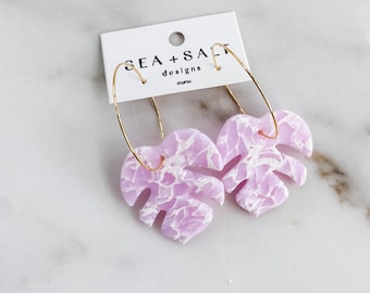 CLAY EARRINGS, Large Statement Pink Monstera Leaf Hoops, Unique Jewelry, Coastal, Handmade Jewelry, Bridesmaids, Hypoallergenic, Lightweight