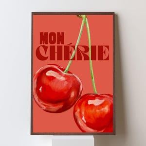Impresión de Mon Cherie, arte mural de cerezas, decoración de cocina francesa, impresión de cerezas retro, arte de frutas imprimible, póster de cocina bonito, fruta vintage