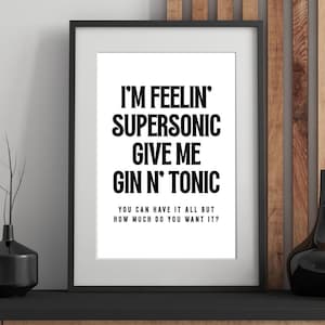 Póster musical de los 90: Supersonic, letras de gin tonic, impresiones de arte mural musical, póster de banda de rock, impresión retro, decoración colorida para el hogar