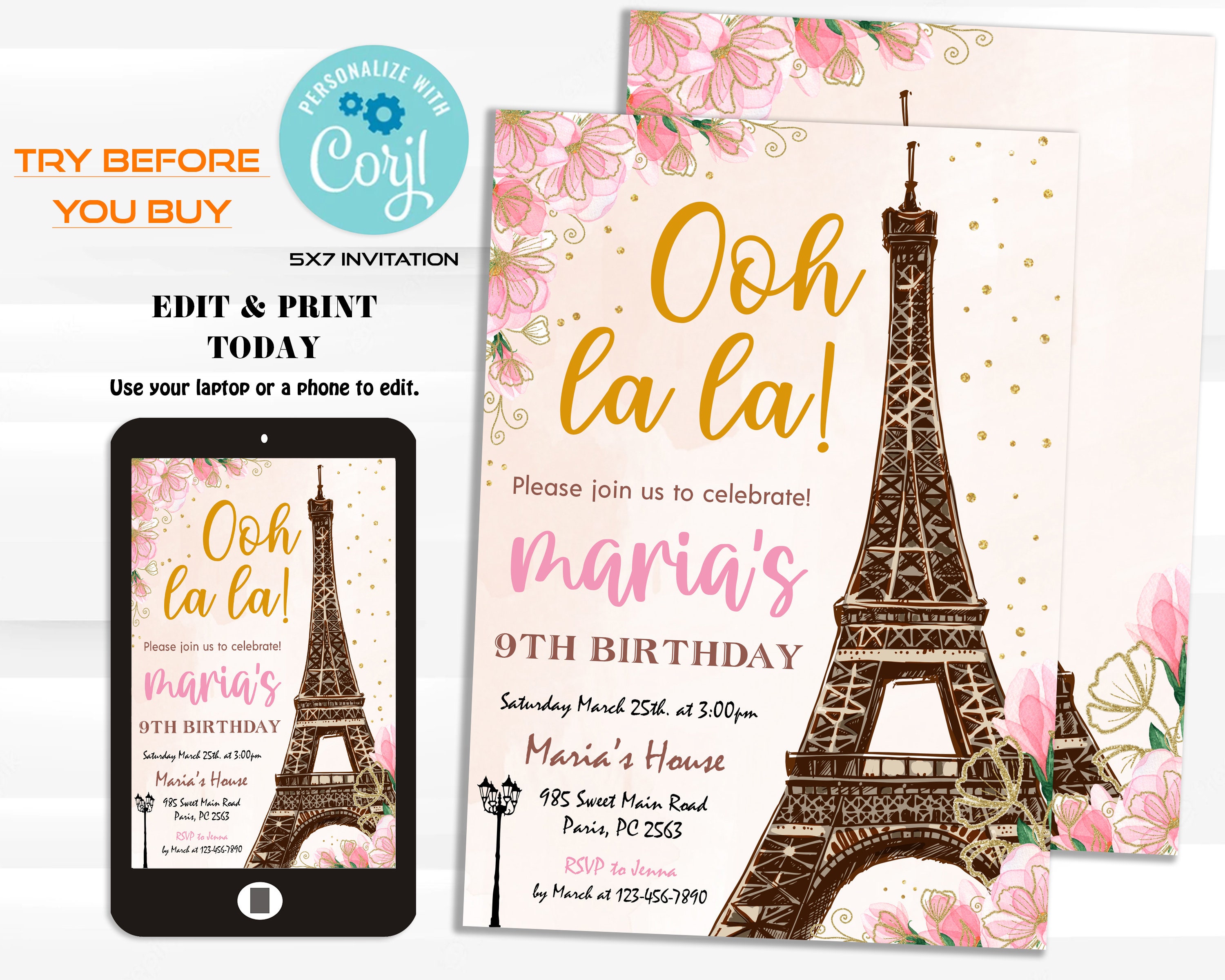 Paris Birthday Party Invitations Editable Eiffel Tower - Etsy Sweden