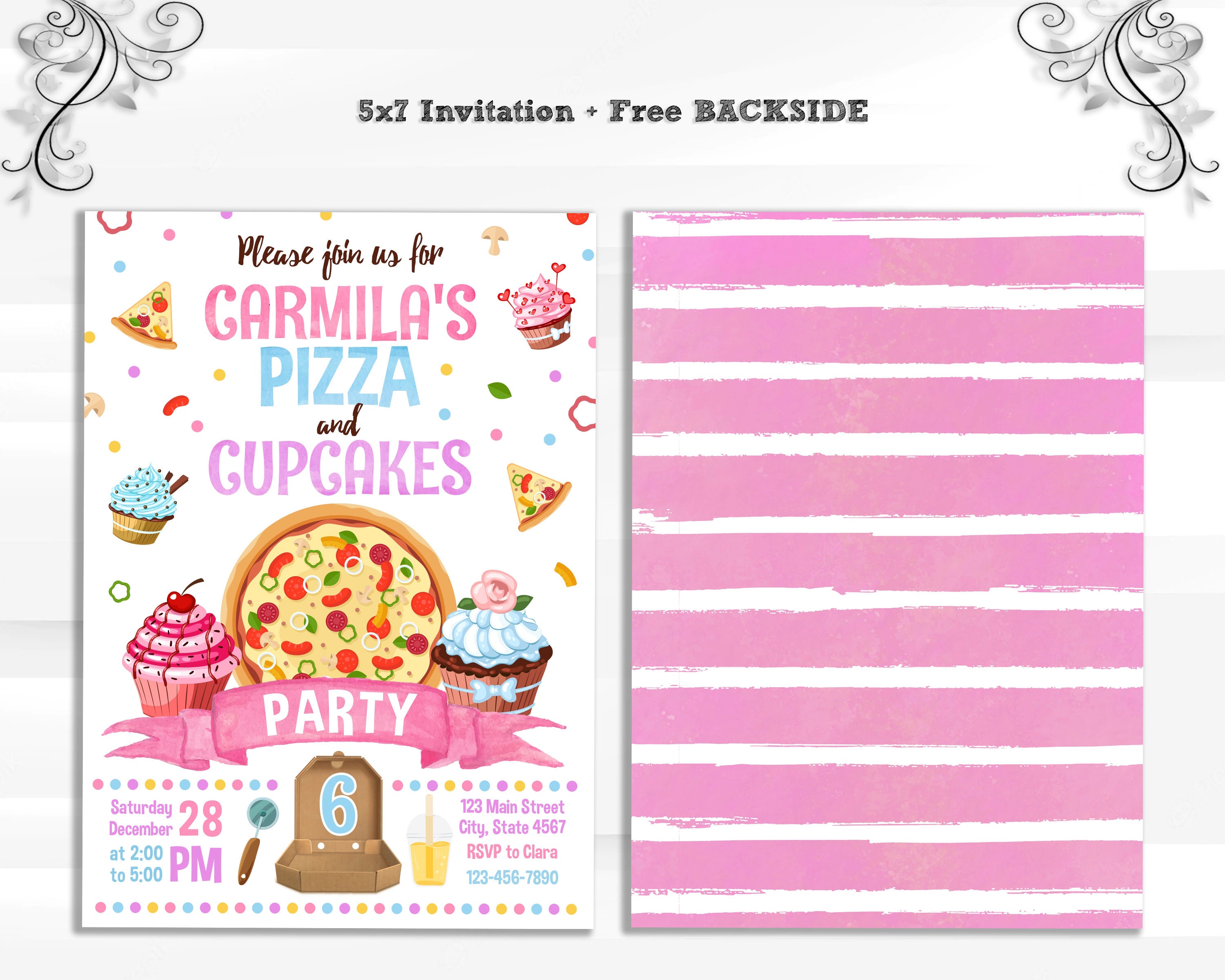 Pizza and Cupcakes Party Birthday Invitation Pizza Invite Etsy