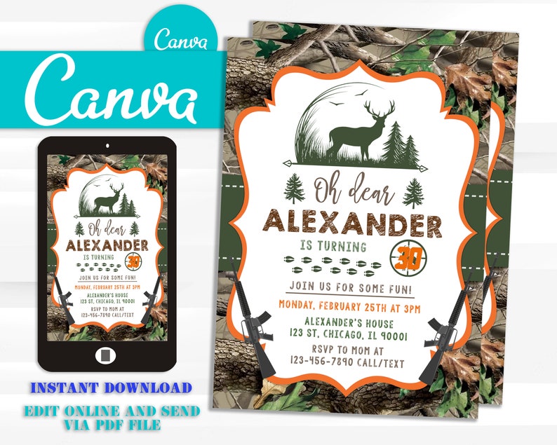 Hunting Birthday Invitation Camo Party Invite Deer Invites - Etsy