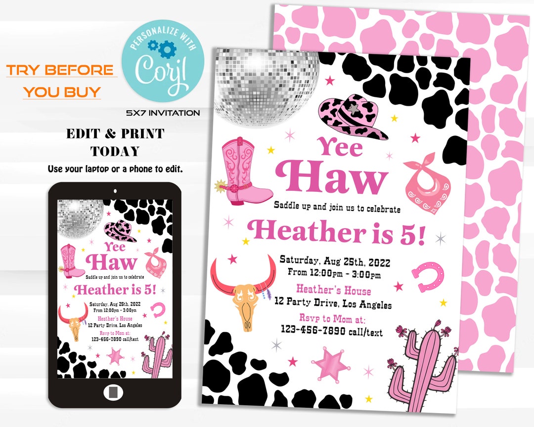 Cowgirl Birthday Party Invitation, Pink Disco Cowgirl Party, Rodeo Birthday Invite, Instant ...