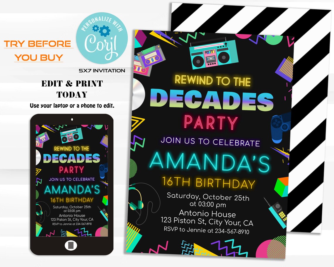Decades Birthday Party Invitation Editable 2000s Party Etsy