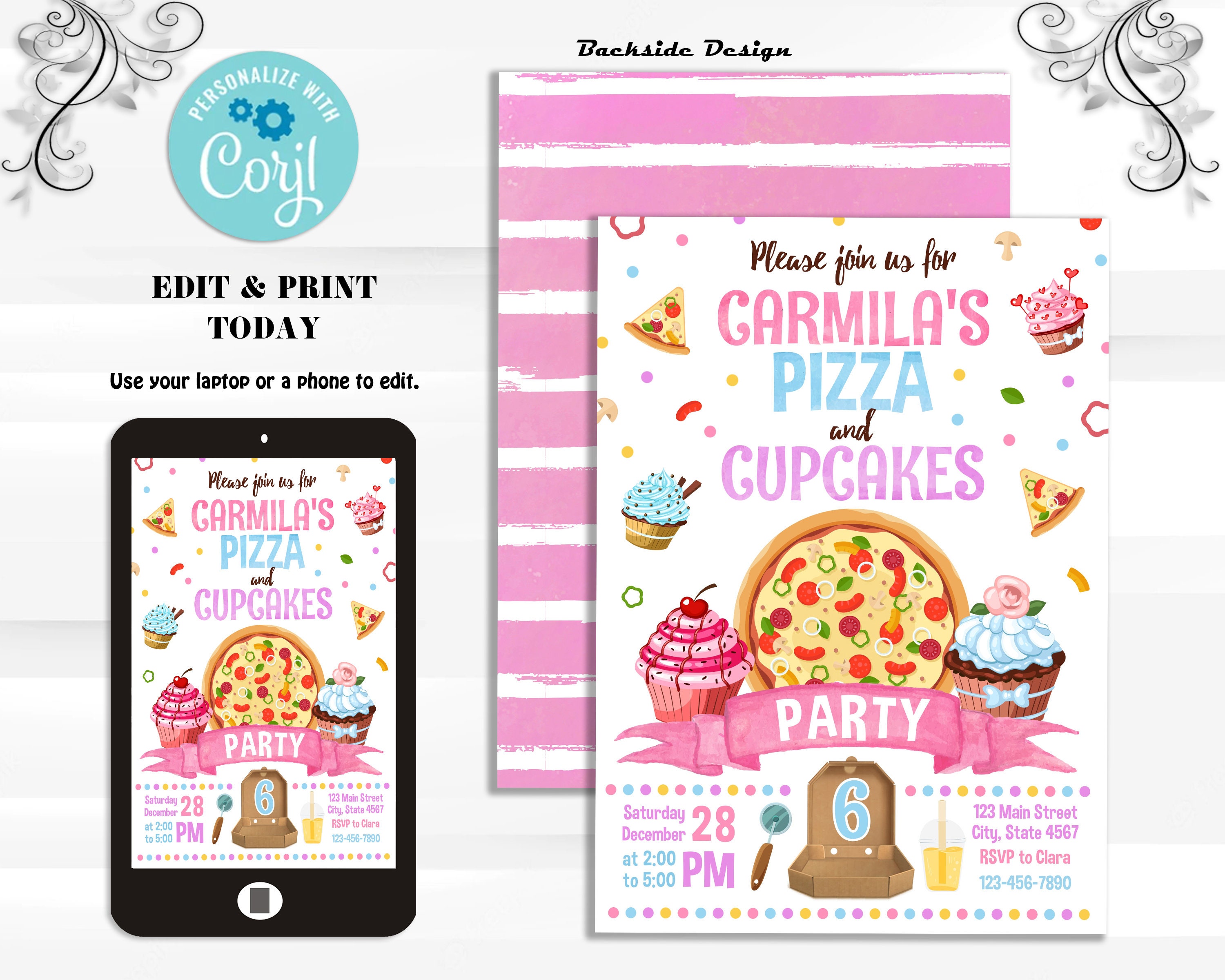 Pizza and Cupcakes Party Birthday Invitation Pizza Invite Etsy